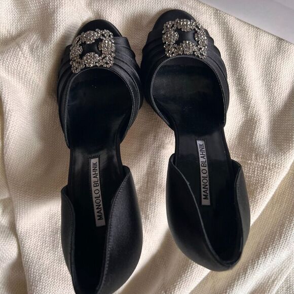 Manolo Blahnik Cassiado d'Orsay Crystal Pump Open Toe 90 mm Black Satin 36 NEW - Picture 6 of 13